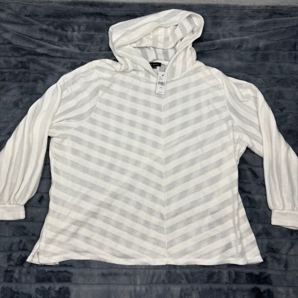 Lane Bryant Womens White Striped Knit Hooded Pullover Top Plus Size 26/28 NWT
